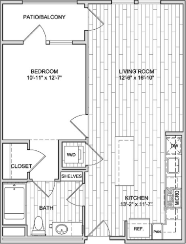 Floor plan for 1 bed, 1 bath, 726 sqft